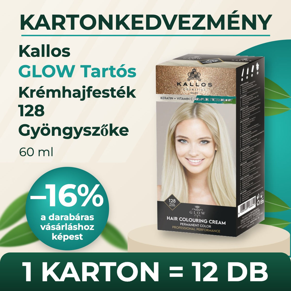 Kallos GLOW Tartós Krémhajfesték 128 Gyöngyszőke 60 ml – KARTON (12 db)